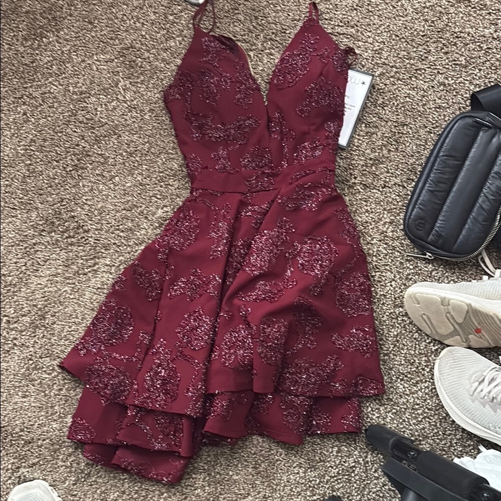 Women's Burgundy Spaghetti-Strap Embellished Party Dress